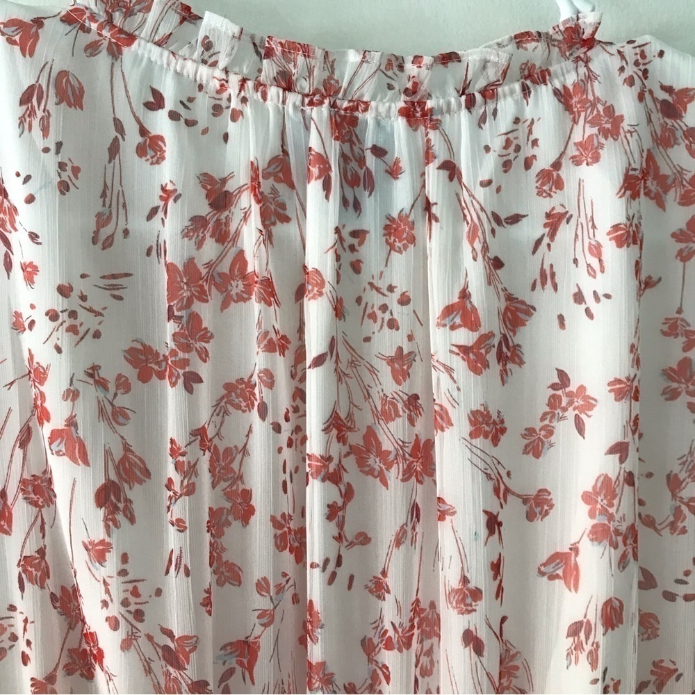 CeCe Floral Chiffon Tie Neck Ruffle Dress Size 12 White Red Sheer Sleeve Wedding - Picture 9 of 17
